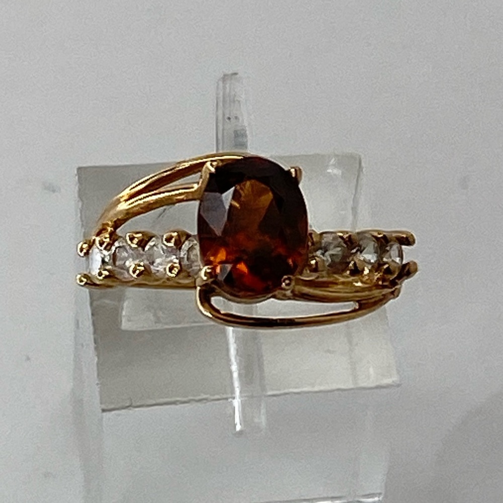 10K Yellow Gold Oval Shape Cognac Topaz and White Topaz Ring Size 5